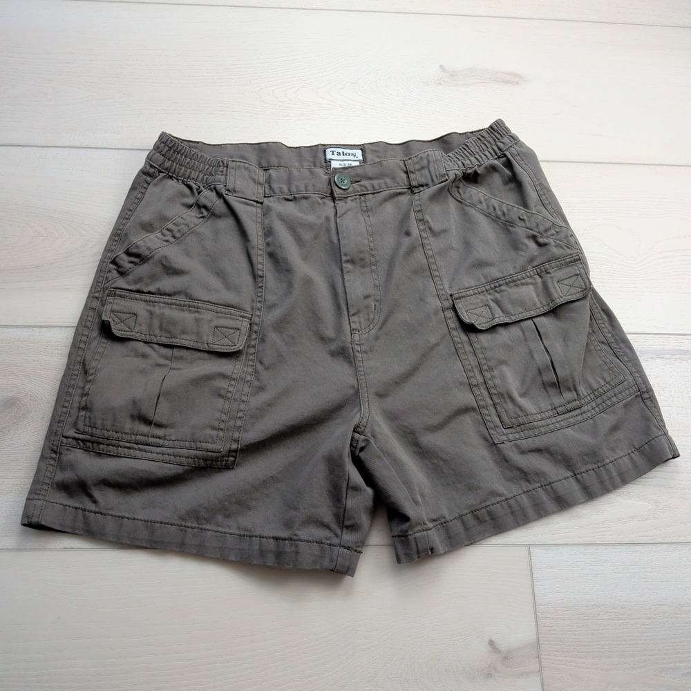 Talos Cargo Shorts Mens 38 Olive Green 100% Cotton‎ Elastic Waist Utility Hiking